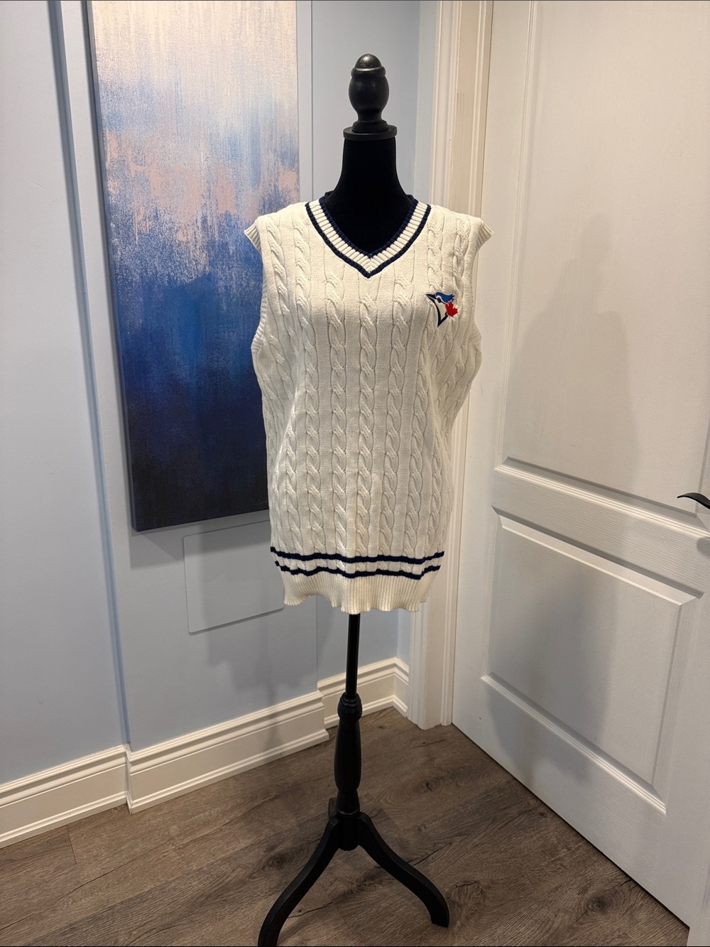 Cable Knit V-Neck Sweater Vest in Cream with Navy Trim